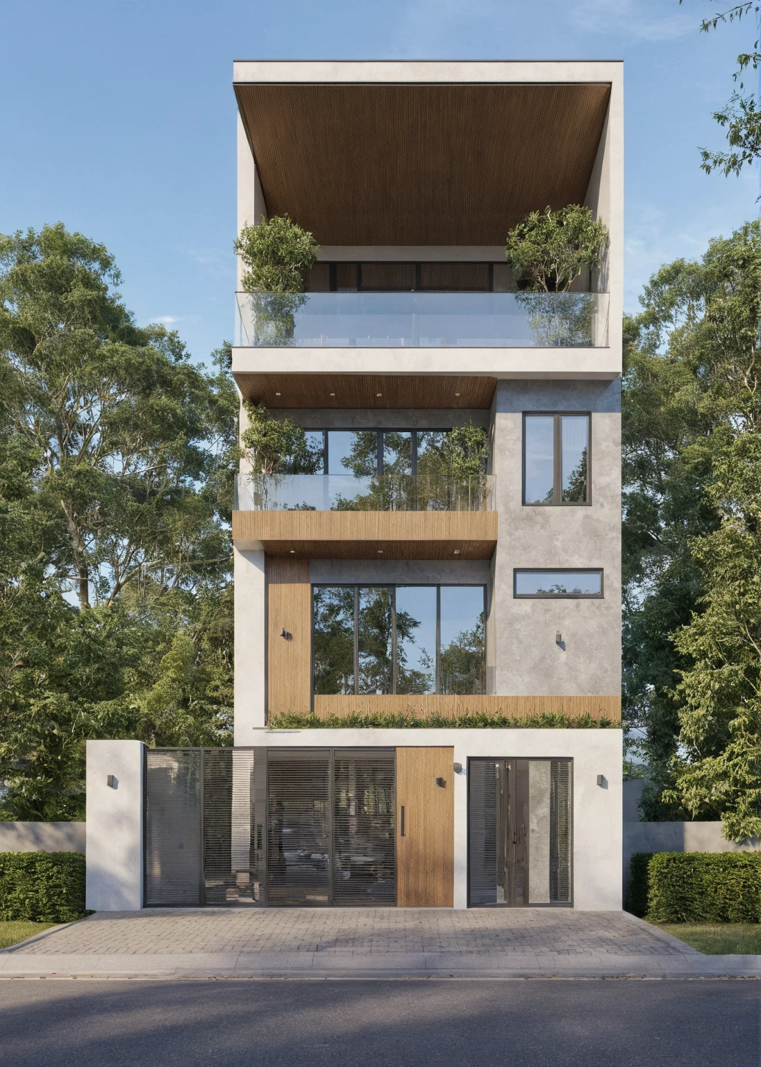 Photo brute,chef-d'artwork, high quality, best quality, authentique, Great detail,
Outside, en plein air, style de maison moderne dans la rue, glass windows, grille, plafond en bois,
route,pavement, des arbres, ciel, nuage, (day light:1.1)