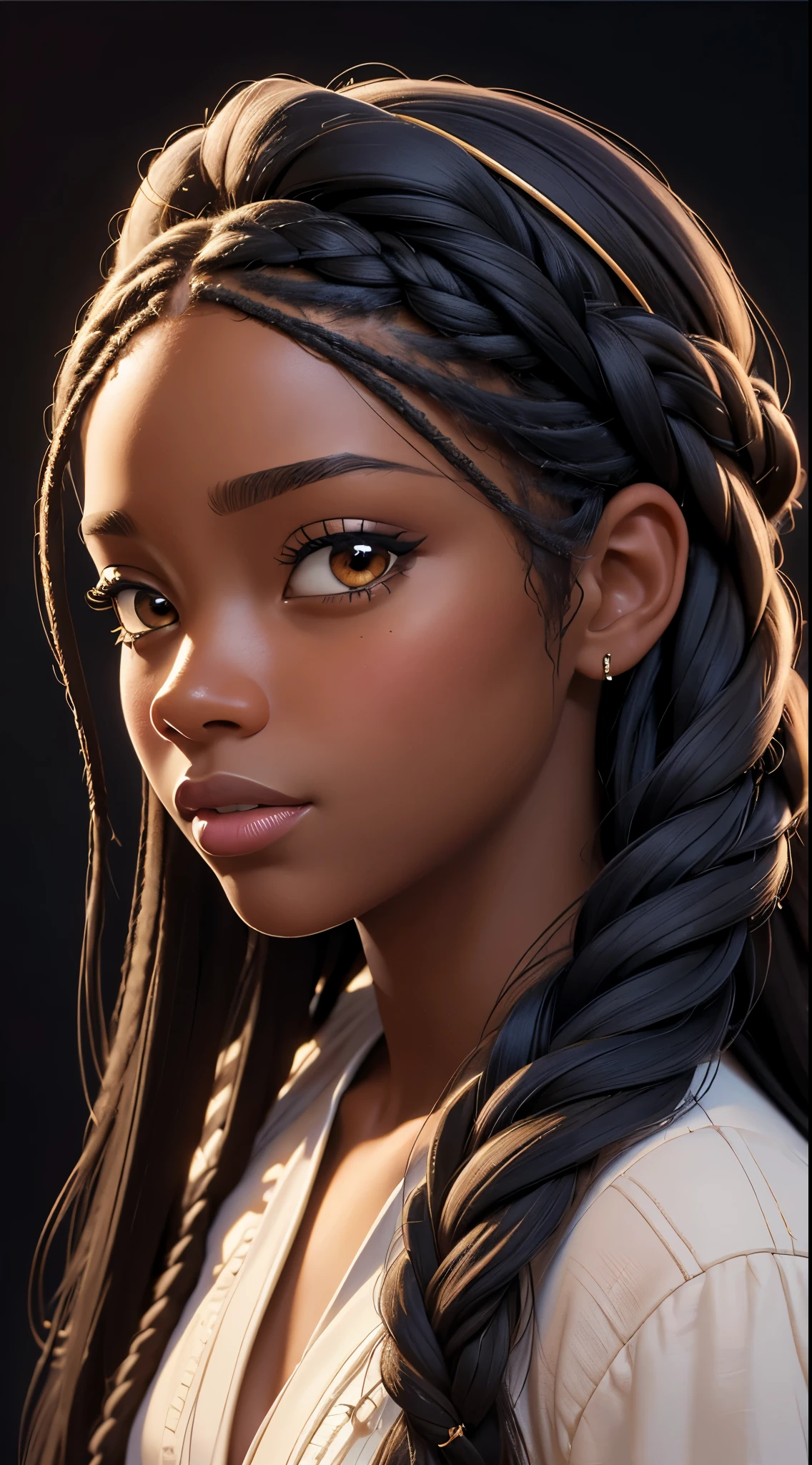 (best quality, masterpiece:1.2), realistic, detailed portrait of 1 black girl,braiding wig close up,realistic oil painting, vibrant colors, soft lighting, intricate brushstrokes, elegant pose, expressive eyes, flowing hair, delicate features.