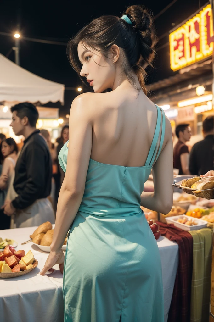 (((best quality))),(((ultra detailed))),(((masterpiece))),illustration,((1 beautiful girl,solo)),(short ponytail:1.2),(sheer apron:1.2),((bare shoulder,bare arms)),((slim,thin)),((bare back,towering hips,butt crack)),shopping, market, meat, bustling,early morning,bright eyes, flushed face, lively appearance, energetic, vendors, calls, wares, plastic sheets, spices, haggling, examining, cuts, beef, stall, butcher paper, scale, kaleidoscope, colors, sounds, fruits, vegetables, animated, talking, joking, background, food stall, breakfast rolls, vendor, steaming, fresh bread, butter, early hour, energy, chatting, vibrant, chaotic, community,((night scene,outdoor)),(surrounded by crowded crowds:1.3),((from back,upper body))