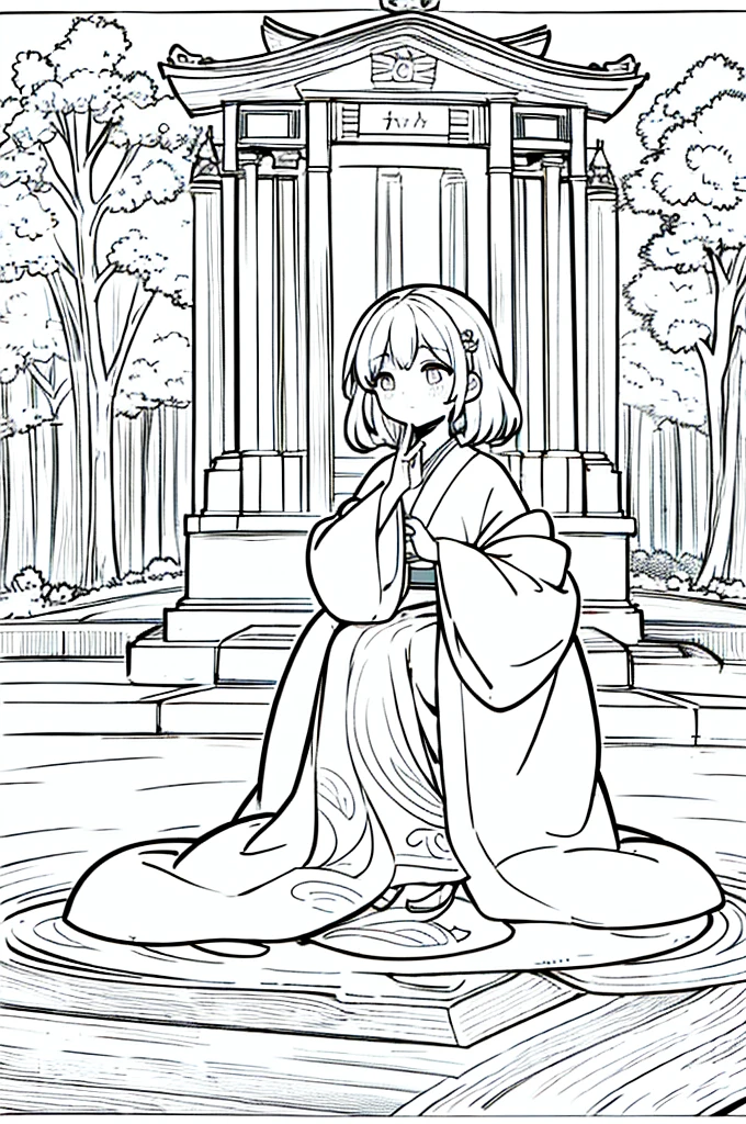 As a coloring book, the color should be black and white, the border should be simple, clear, and bold. A thoughtful Asian girl with a contemplative expression is sitting peacefully in the tranquil [Hiroshima Peace Memorial Park]. She is wearing a serene [kimono with dove pattern], the soft colors reflecting the somber atmosphere of the park. The girl's hands are folded in a gesture of respect, and her hair is adorned with a simple [hair ornament]. The park's iconic Peace Memorial Arch serves as a backdrop, adding a poignant touch to the illustration.