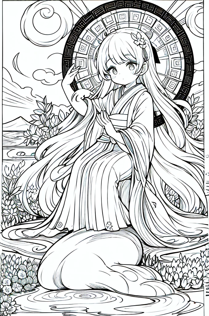As a coloring book, the color should be black and white, the border should be simple, clear, and bold. A thoughtful Asian girl with a contemplative expression is sitting peacefully in the tranquil [Hiroshima Peace Memorial Park]. She is wearing a serene [kimono with dove pattern], the soft colors reflecting the somber atmosphere of the park. The girl's hands are folded in a gesture of respect, and her hair is adorned with a simple [hair ornament]. The park's iconic Peace Memorial Arch serves as a backdrop, adding a poignant touch to the illustration.