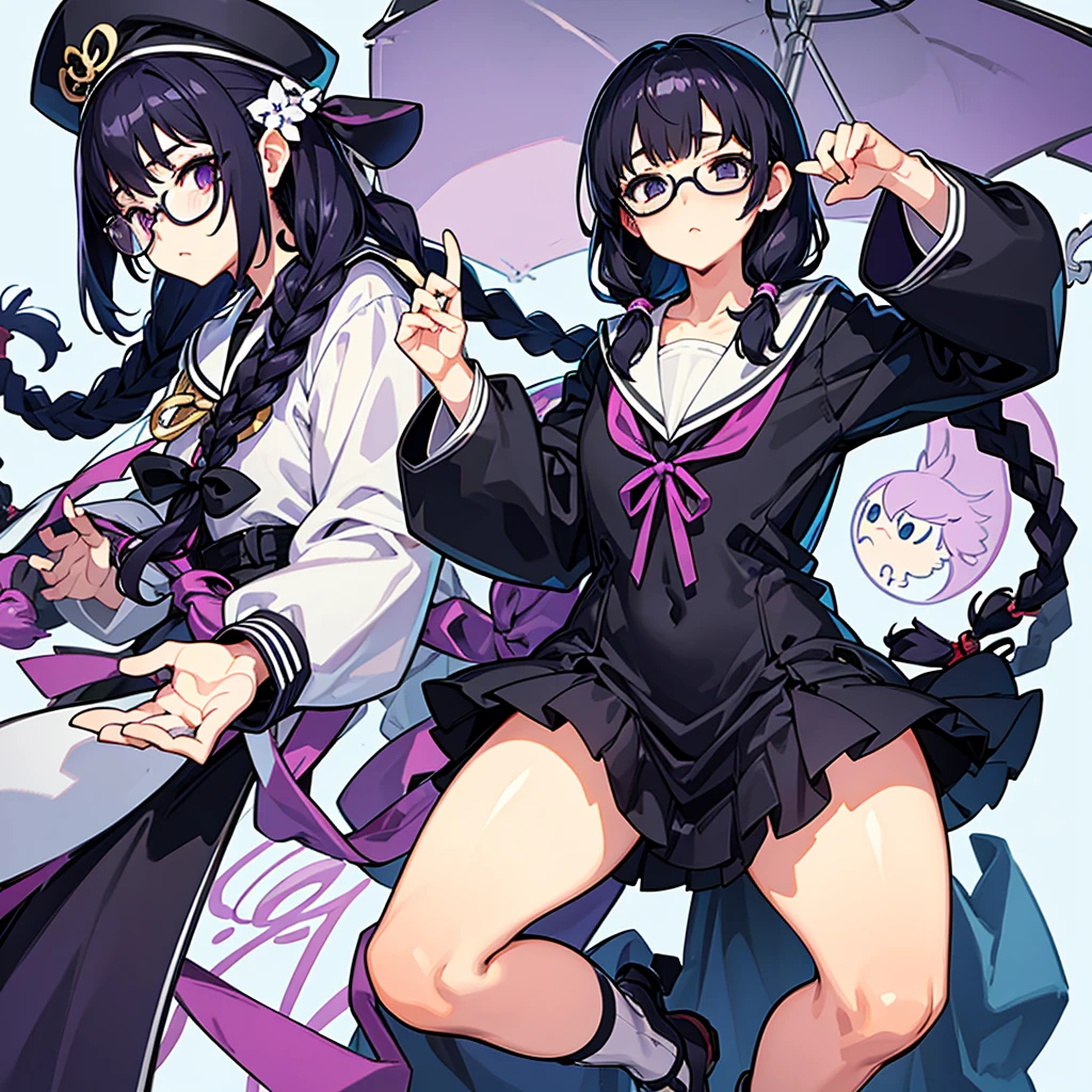 high resolution、Fine skin、Glasses、Purple droopy eyes, black hair braids、Black Sailor Suit、No background