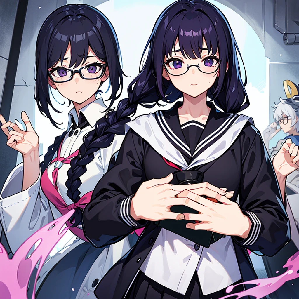 high resolution、Fine skin、Glasses、Purple droopy eyes, black hair braids、Black Sailor Suit、No background