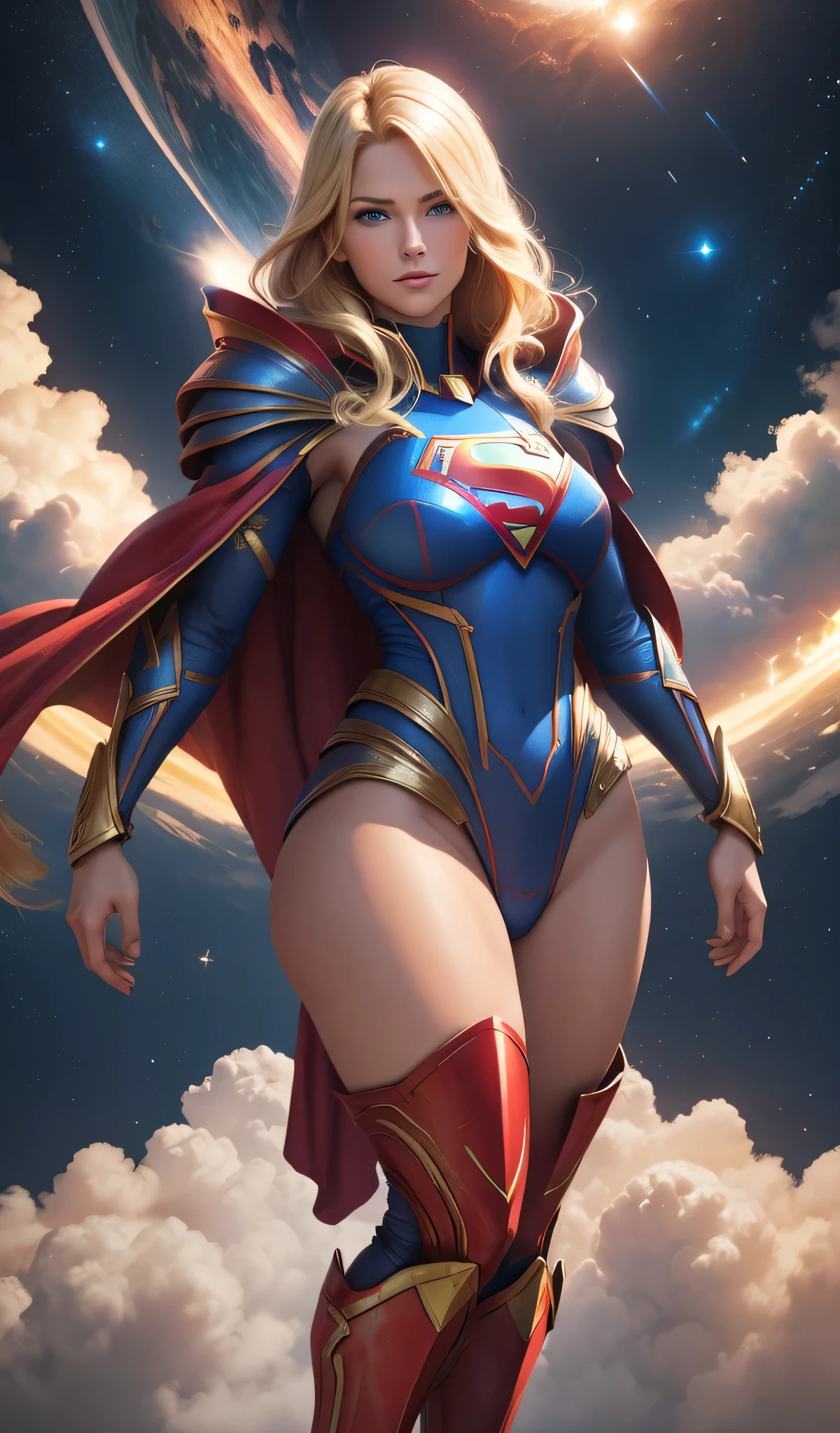 Supergirl flying in the space, planet's in the background, perfect armor costume, extremely big upturned buttock, back angle view, extremely blond hair, smooth curves, red cape, extremely beautiful blue eyes, beautiful smile