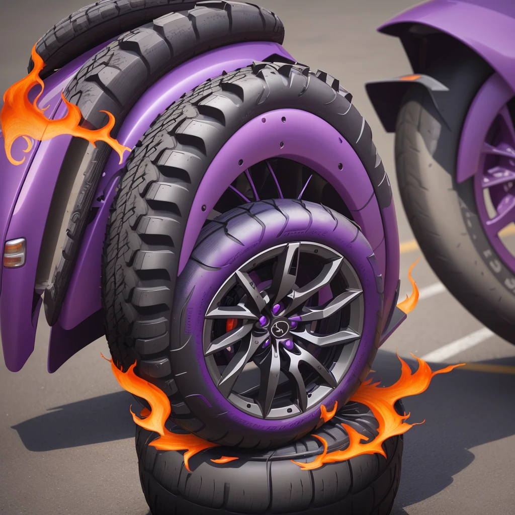 logo_L, Car tire, black tire, flame behind the purple tire, 2000s style, Japanese style from the 2000s