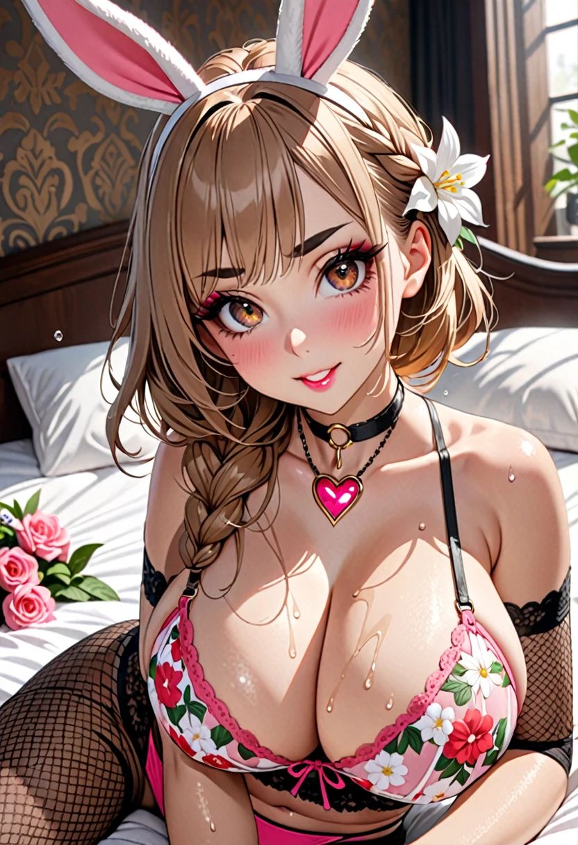 (hostess:1.2, A shy smile、Ecstatic expression,Blushing、make-up:1.2, Dark eyeliner、Length eyelashes、False eyelashes、Brown eyes、Teardrop、Light fluorescent lip gloss, hostess:1.3,Fishnet tights,((Pink Bra、Floral pattern with lots of flowers、White flower、Red flower)、(Pink Panties、Floral pattern with lots of flowers、White flower、Red flower)、Pink Bunny Girl),A pink heart choker around the neck、girl:1.3)((Huge breasts:1.6)),((Highest quality, Ultra-high resolution、The most complex and detailed depiction))、(masterpiece:1.3), (8K, Realistic, RAW Photos, Best image quality: 1.4)、Cleavage:1.2、Very detailed face、Attention to detail、double eyelid、Beautiful woman:1.4、(Light brown hair、Braided Hair、Tie your hair back)、Highest quality、masterpiece、Ultra-high resolution、(Realistic:1.4) (8K, RAW Photos, Highest quality, masterpiece:1.2), (Realistic, photo-Realistic:1.37), Very detailed, Beautiful attention to detail, Gal-style makeup、Dark eyeliner、black eyeliner、Heavy eye makeup、Length eyelashes、False eyelashes、Length eyelashes、Big eyes、Big black eyes、Big eyes、elongated nose、Thin eyebrows、Drooping eyebrows、Heavy makeup、Face with gills、Spread your crotch and turn it towards you.、whole body、Spread your legs座る、Spread your legs、sexy、Glamorous Body、Saggy breasts、Large saggy breasts、Sweat、Your body is wet、(Sleeping on your side on the bed、Elbows on the bed)