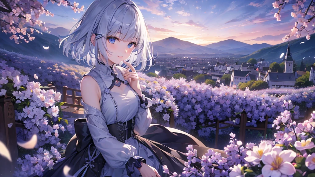 Ultra HD,Look at the viewers, Put your hands behind your back, With a girl, 20-year-old, 非常にShort Hair, Long bangs between the eyes, Pale blue eyes, Very detailed,(masterpiece、Highest quality),Gray Hair、Laughter、Fantastic, Silver Hair, Iris, Short hair、 Fluttering Hair、Small Face、明るいsmile、(Detailed face) ,Professional Lighting,Wonderful landscape,blue sky, sunlight,Looking down from above,Portraiture、Open your mouth、Flower Field、Her eyes were shining、Mysterious and enchanting atmosphere。With AI Painting、とてもShort Hair, Long bangs between the eyes, Very detailed,(masterpiece、Highest quality)、alone、Gray Hair、Fantasy, Silver Hair, Fantasyな風景、White shirt、smile、Open your mouth、short hair、Short Hair、hairpin、black eye、Grey Eyes、Beautiful Eyes、