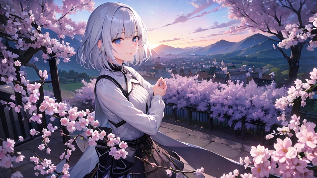 Ultra HD,Look at the viewers, Put your hands behind your back, With a girl, 20-year-old, 非常にShort Hair, Long bangs between the eyes, Pale blue eyes, Very detailed,(masterpiece、Highest quality),Gray Hair、Laughter、Fantastic, Silver Hair, Iris, Short hair、 Fluttering Hair、Small Face、明るいsmile、(Detailed face) ,Professional Lighting,Wonderful landscape,blue sky, sunlight,Looking down from above,Portraiture、Open your mouth、Flower Field、Her eyes were shining、Mysterious and enchanting atmosphere。With AI Painting、とてもShort Hair, Long bangs between the eyes, Very detailed,(masterpiece、Highest quality)、alone、Gray Hair、Fantasy, Silver Hair, Fantasyな風景、White shirt、smile、Open your mouth、short hair、Short Hair、hairpin、black eye、Grey Eyes、Beautiful Eyes、