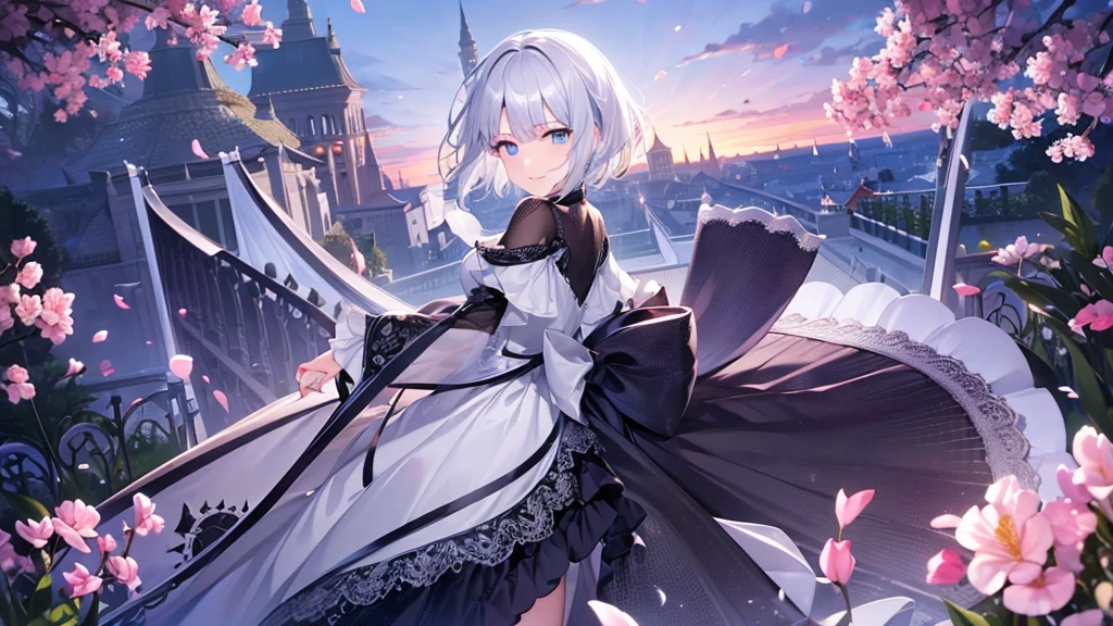 Ultra HD,Look at the viewers, Put your hands behind your back, With a girl, 20-year-old, 非常にShort Hair, Long bangs between the eyes, Pale blue eyes,  Very detailed,(masterpiece、Highest quality),Gray Hair、Laughter、Fantastic, Silver Hair, Iris,  Short hair、 Fluttering Hair、Small Face、明るいsmile、(Detailed face) ,Professional Lighting,Wonderful landscape,blue sky, sunlight,Looking down from above,Portraiture、Open your mouth、Flower Field、Her eyes were shining、Mysterious and enchanting atmosphere。With AI Painting、とてもShort Hair, Long bangs between the eyes, Very detailed,(masterpiece、Highest quality)、alone、Gray Hair、Fantasy, Silver Hair, Fantasyな風景、White shirt、smile、Open your mouth、short hair、Short Hair、hairpin、black eye、Grey Eyes、Beautiful Eyes、