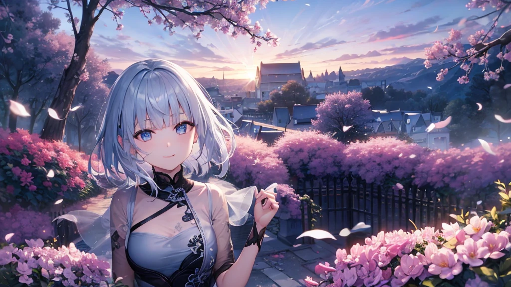 Ultra HD,Look at the viewers, Put your hands behind your back, With a girl, 20-year-old, 非常にShort Hair, Long bangs between the eyes, Pale blue eyes,  Very detailed,(masterpiece、Highest quality),Gray Hair、Laughter、Fantastic, Silver Hair, Iris,  Short hair、 Fluttering Hair、Small Face、明るいsmile、(Detailed face) ,Professional Lighting,Wonderful landscape,blue sky, sunlight,Looking down from above,Portraiture、Open your mouth、Flower Field、Her eyes were shining、Mysterious and enchanting atmosphere。With AI Painting、とてもShort Hair, Long bangs between the eyes, Very detailed,(masterpiece、Highest quality)、alone、Gray Hair、Fantasy, Silver Hair, Fantasyな風景、White shirt、smile、Open your mouth、short hair、Short Hair、hairpin、black eye、Grey Eyes、Beautiful Eyes、