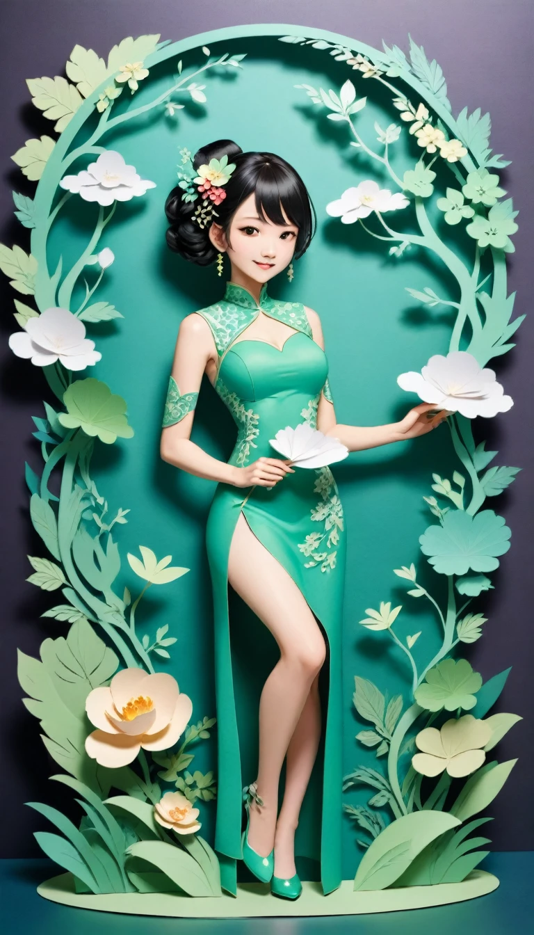 (Paper art,layered Paper art,Roll paper,Paper Cutting,Paper sculpture), 1 Cheongsam woman，fit，Perfect proportion，Exquisite hair accessories, whole body, Smile，Oriental elements，Simple background, Mint Green,  (Soft lighting, Bokeh)
