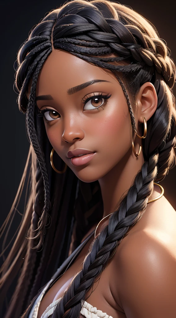 (best quality, masterpiece:1.2), realistic, detailed portrait of 1 black girl,braiding wig close up,realistic oil painting, vibrant colors, soft lighting, intricate brushstrokes, elegant pose, expressive eyes, flowing hair, delicate features.