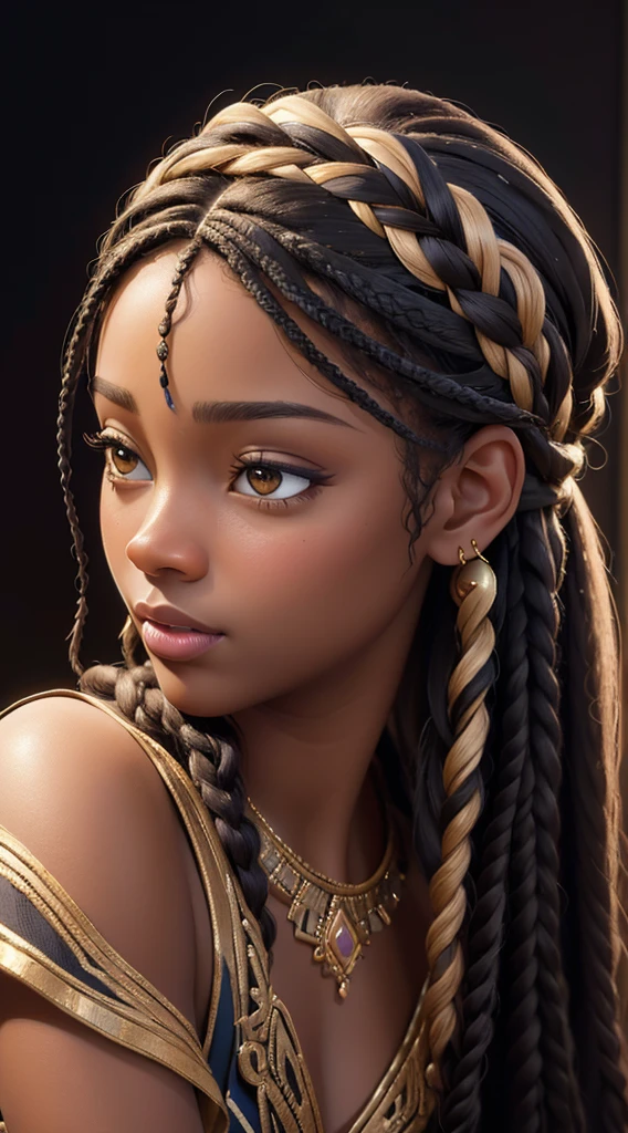 (best quality, masterpiece:1.2), realistic, detailed portrait of 1 black girl,braiding wig close up,realistic oil painting, vibrant colors, soft lighting, intricate brushstrokes, elegant pose, expressive eyes, flowing hair, delicate features.