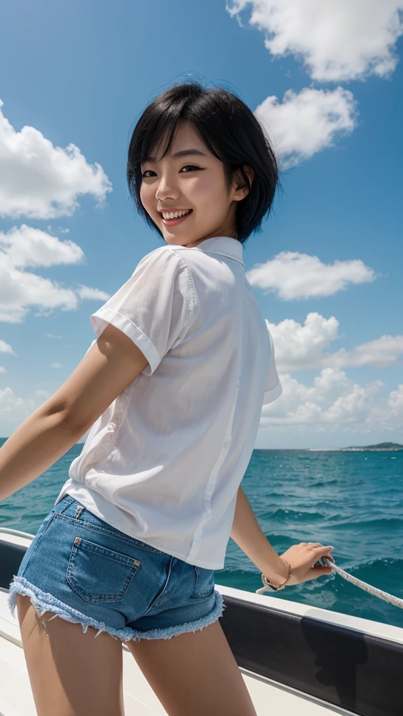 Cloud、houlders stick out、A wet, see-through shirt、Ocean、Large Breasts、Thighs、smile、Looking from below、Short Hair、Panties are visible through the skirt、