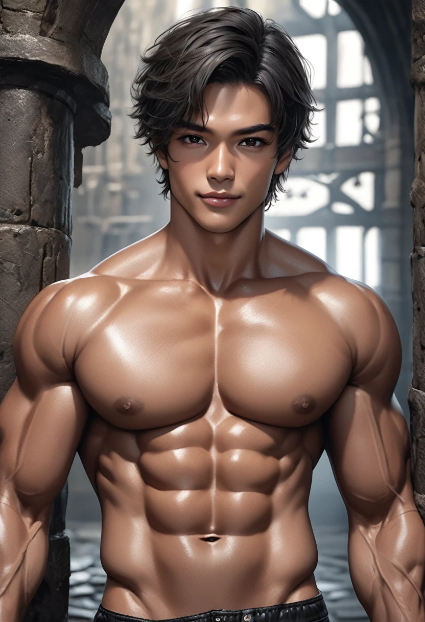 high quality, detailed, Realistic, (24 years old tanned japanese idol body builder boy), (detailed black eyes), (black short hair), (muscle:1.5), (tanned dark brown skin), dungeon, (black tiny thong), (bulge), (detailed nipples), detailed areola,best quality,4k,8k,highres,masterpiece:1.2),ultra-detailed,(realistic,photorealistic,photo-realistic:1.37), smirk, face close up, --no watch,