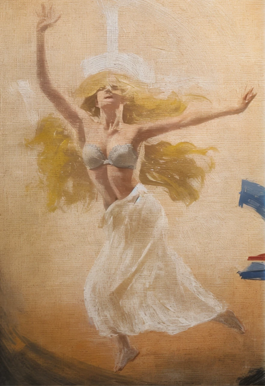 Blonde woman, moving left, arms raised, long blonde hair, bra, white skirt, looking right, shock on face, realistic, strong backlighting, photo look