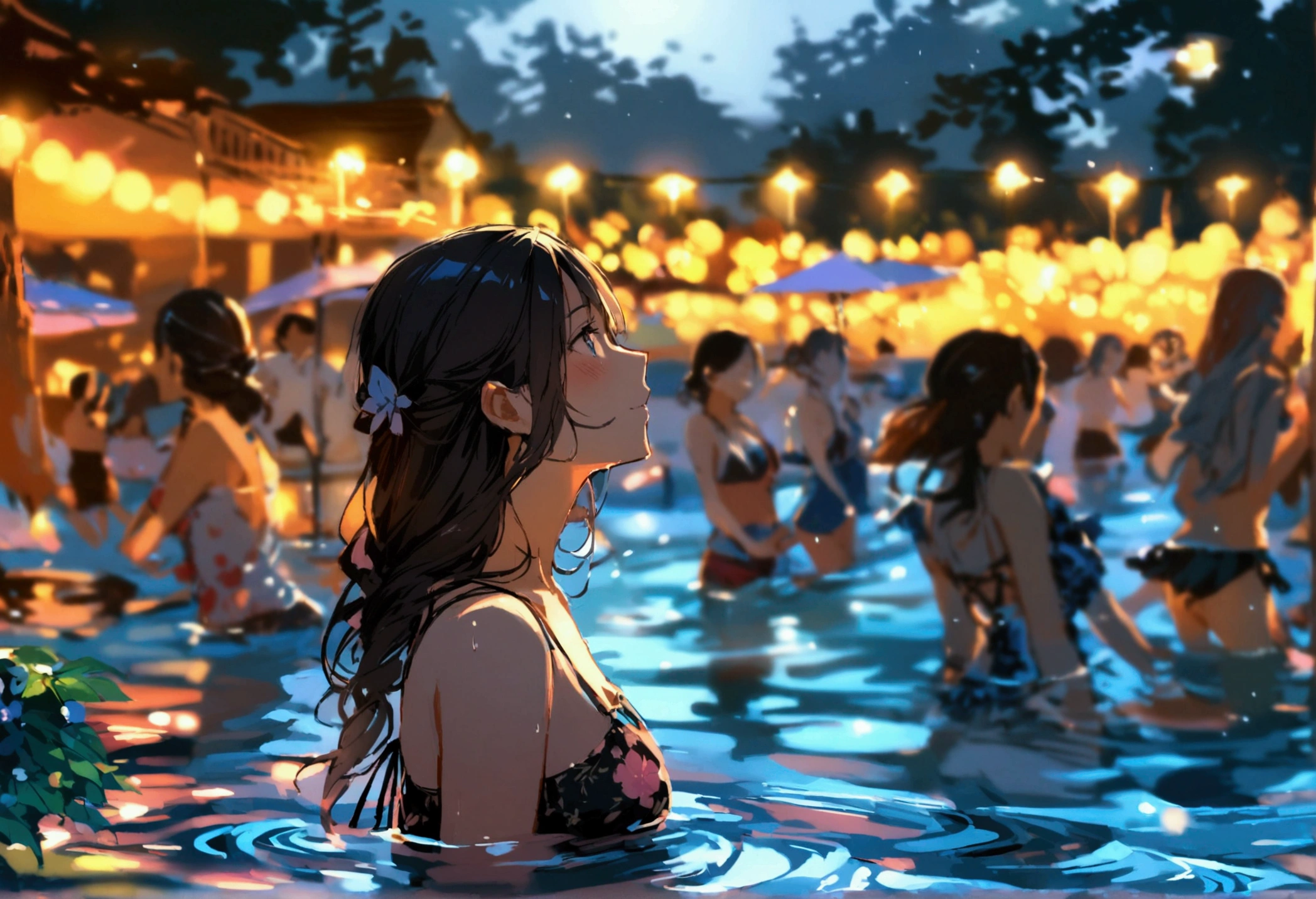 Many people are dancing by the pool、summer night