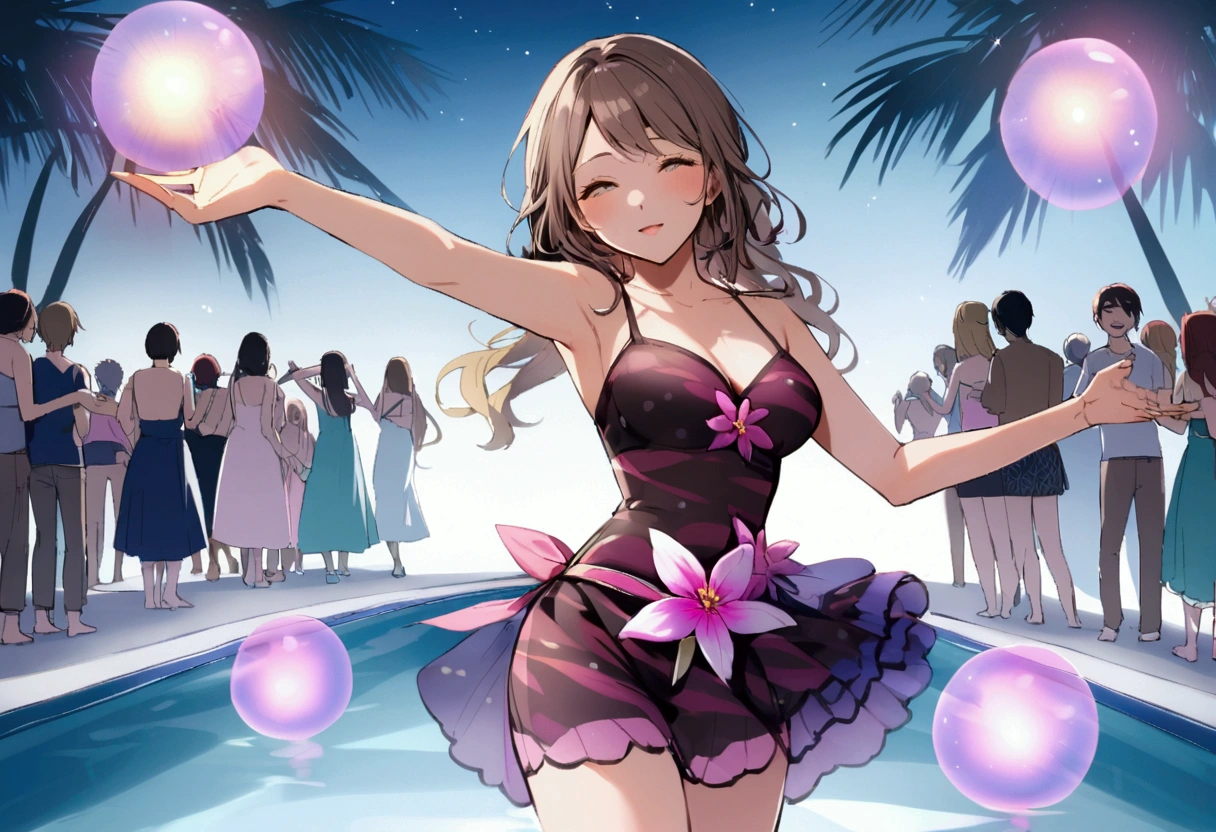 Many people are dancing by the pool、summer night