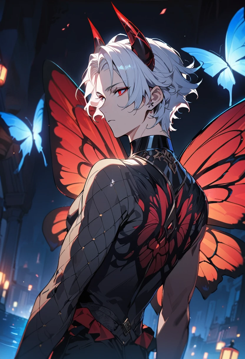 One boy, masterpiece, best quality, beautiful, expressionless, white hair, devil horns, short hair, red eyes, Casimir Pheran, butterfly wings on the back, black claws, night, anime