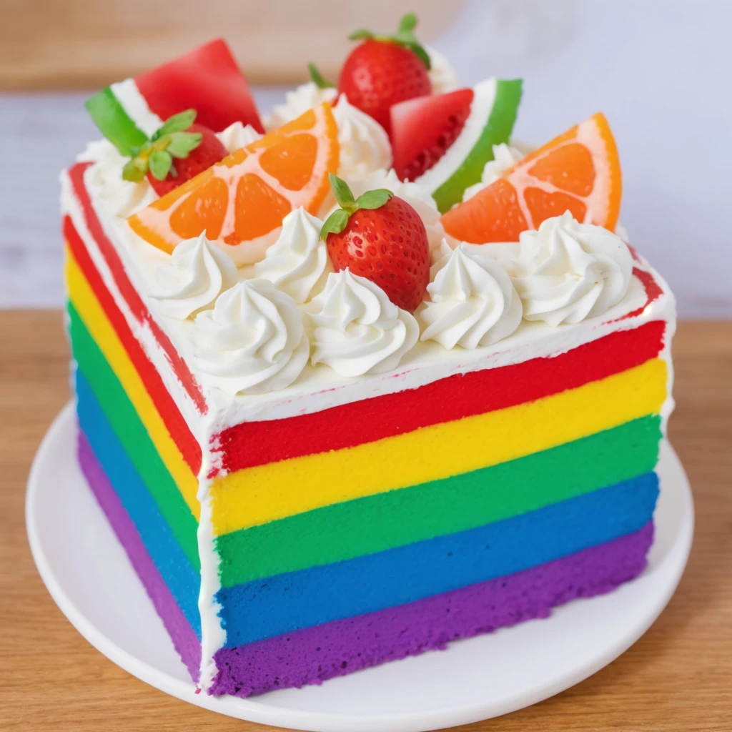 on a wooden table, on a porcelain plate, a tiny cream rainbow cake, with cream lines drawn on its edges, white cream swirls, tiny strawberries, oranges and watermelon slices made of polymer clay on the cake, window light, bright lights, soft light, window light, professional lighting, light from the window, neat light, realistic texture, realistic style, detailed texture, high quality, high resolution, high quality rendering, realistic photo, brightning light, macro photo