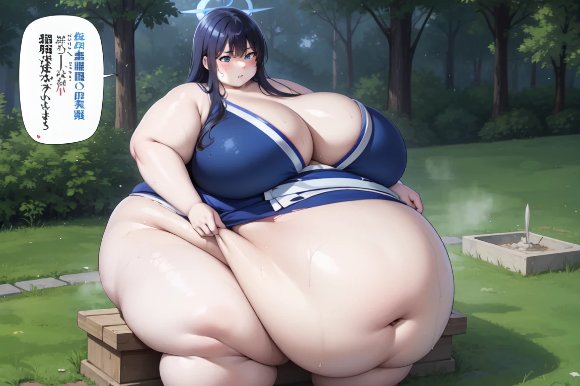 saori joumae, blue eyes, blue hair, halo, long hair, massive breasts, wide hips, outdoors, torn clothes, massive hips, fat bare arms, wet, sweaty, tired, fat face, fat neck, double chin, sumo, sumo clothes, Japanese shrine