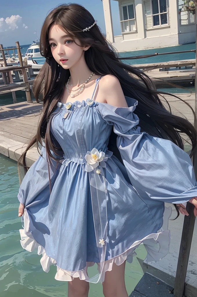 best quality,[masterpiece],((beautiful:0.75) cute girl:0.75),Professional,photo_(medium),ultra-fine painting,1girl,(long hair:1.4),outdoors,(front:1.3),(standing:1.3),seaside,cloudy sky,cowboy_shot,
Sweet girl clothes2,pearl necklace,blue dress,flower,