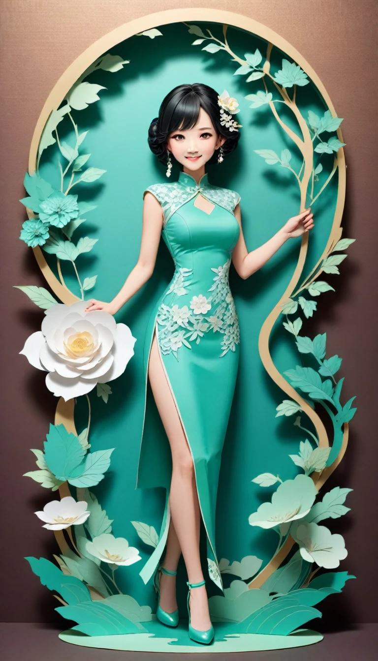 (Paper art,layered Paper art,Roll paper,Paper Cutting,Paper sculpture), 1 Cheongsam woman,fit,Perfect proportion,Exquisite hair accessories, whole body, Smile,Oriental elements,Simple background, Mint Green, (Soft lighting, Bokeh)