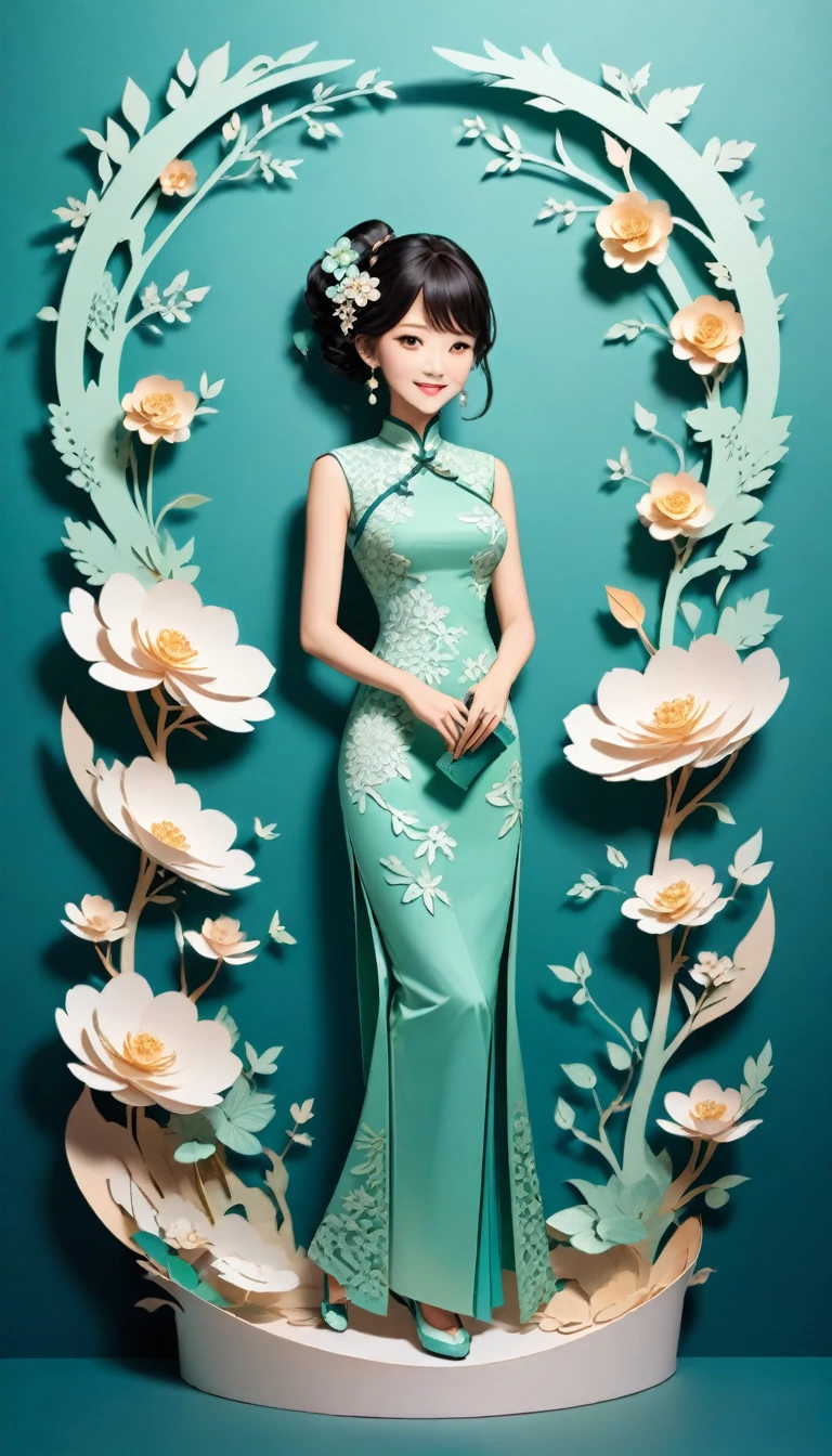 (Paper art,layered Paper art,Roll paper,Paper Cutting,Paper sculpture), 1 Cheongsam woman,fit,Perfect proportion,Exquisite hair accessories, whole body, Smile,Oriental elements,Simple background, Mint Green, (Soft lighting, Bokeh)