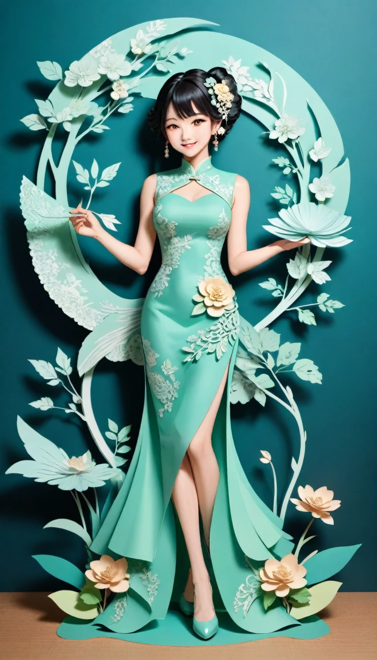 (Paper art,layered Paper art,Roll paper,Paper Cutting,Paper sculpture), 1 Cheongsam woman,fit,Perfect proportion,Exquisite hair accessories, whole body, Smile,Oriental elements,Simple background, Mint Green, (Soft lighting, Bokeh)