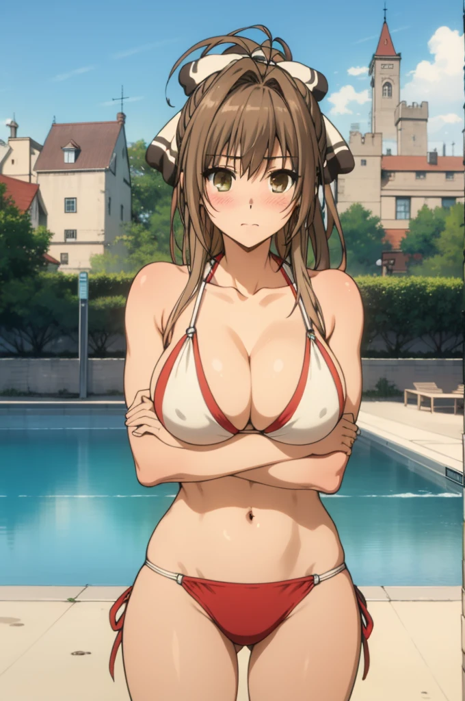 best quality, masterpiece, detailed,
SentoIsuzu,
solo, closed mouth, blush,
brown hair, brown eyes, long hair, antenna hair, ponytail, hair bow,
SentoBikini, o-ring bikini, red bikini, big breasts, (breast hold:1.2),
standing, looking at the viewer,
day, castle, pool
