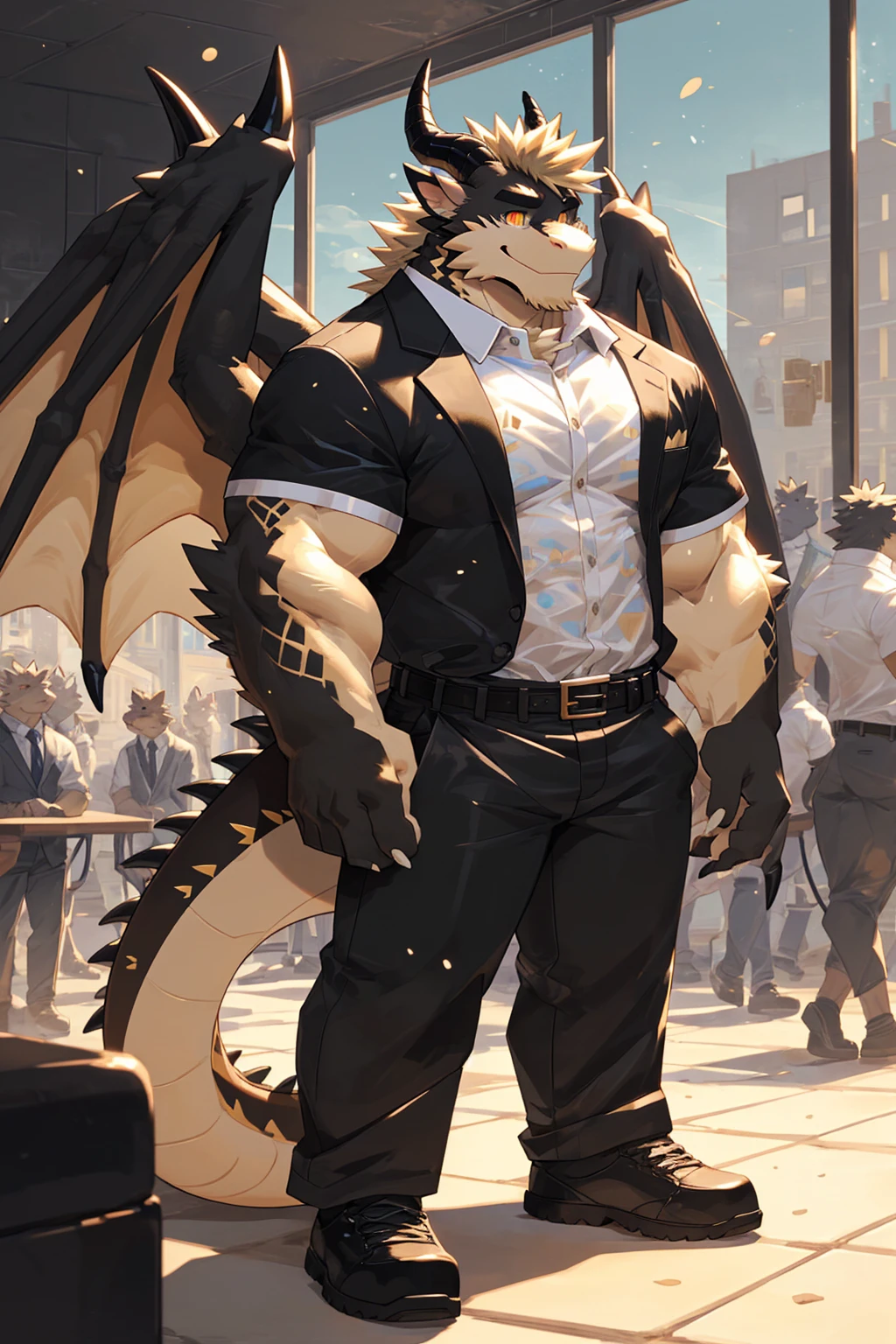 (sfw:1.5), male focus, security guard, Handsome 1boy, solitary，protrait photo, single, (Black eyebrows:1.4), (White nails, White Paws:1.4), (Light blond hair:1.5), (Black and gold dragon wings, Huge black and gold dragon wings:1.3), Black and gold skin, (Black and gold tail:1.4), (Black horn, Black curved corners:1.4), (Black body:1.4), (All black:1.4), (Pale blond chin, Pale golden neck:1.4), Pale golden chest, Light blond chest hair, (perfect golden eyes:1.4), (Black and gold scales:1.3), (Black Hands, Black Hands背, Black Hands指:1.4), (Black forehead, Black head:1.4), 
Western Dragon, dragon, dragon boy, dragon body, feet, (big eyes, large eyes:1.4), (Chubby face, The body is huge, Larger face:1.3), 
(Black short sleeve, White short-sleeved shirt, Black pants, Black short shoes, Black leather belt:1.4), 
(full body:1.3), (Mature men:1.4), (Strong body, muscle,Strong male:1.3), (Thick arms:1.3), (Standing:1.4), (Looking at the audience, Focus, Eyes gaze:1.2), (Smile:1.4), 
full background,ground, Blue sky, White Cloud, ground, School, School大门, security guard亭,
, Mysterious and romantic atmosphere, Caustic lines(refraction, polarization)Perfect anatomical structure, absurd, Detailed background, (Delicate eyes:1.3),Printing style。((artist:Takemoto Arashi))
