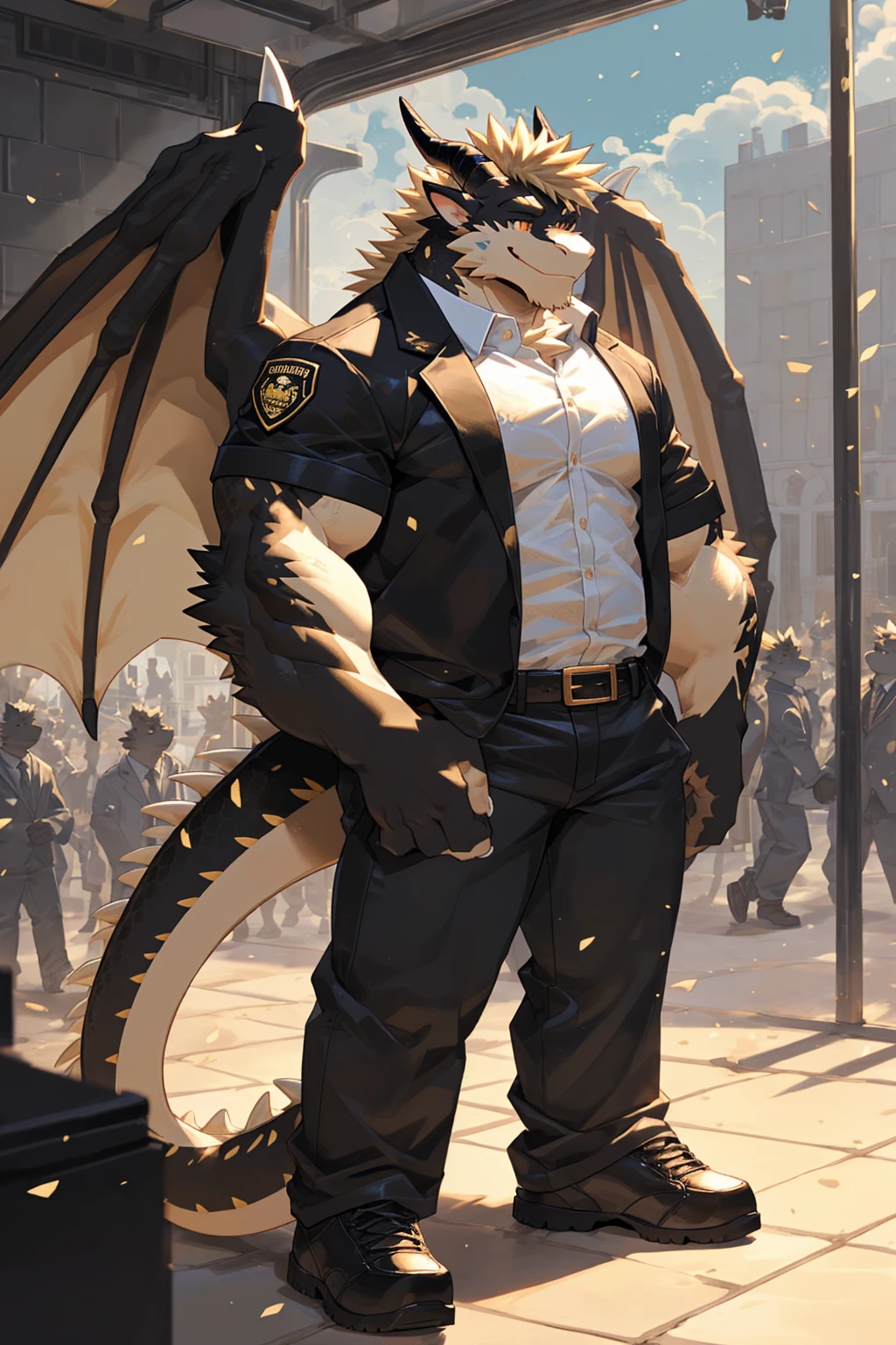 (sfw:1.5), male focus, security guard, Handsome 1boy, solitary，protrait photo, single, (Black eyebrows:1.4), (White nails, White Paws:1.4), (Light blond hair:1.5), (Black and gold dragon wings, Huge black and gold dragon wings:1.3), Black and gold skin, (Black and gold tail:1.4), (Black horn, Black curved corners:1.4), (Black body:1.4), (All black:1.4), (Pale blond chin, Pale golden neck:1.4), Pale golden chest, Light blond chest hair, (perfect golden eyes:1.4), (Black and gold scales:1.3), (Black Hands, Black Hands背, Black Hands指:1.4), (Black forehead, Black head:1.4), 
Western Dragon, dragon, dragon boy, dragon body, feet, (big eyes, large eyes:1.4), (Chubby face, The body is huge, Larger face:1.3), 
(Black short sleeve, White short-sleeved shirt, Black pants, Black short shoes, Black leather belt:1.4), 
(full body:1.3), (Mature men:1.4), (Strong body, muscle,Strong male:1.3), (Thick arms:1.3), (Standing:1.4), (Looking at the audience, Focus, Eyes gaze:1.2), (Smile:1.4), 
full background,ground, Blue sky, White Cloud, ground, School, School大门, security guard亭,
, Mysterious and romantic atmosphere, Caustic lines(refraction, polarization)Perfect anatomical structure, absurd, Detailed background, (Delicate eyes:1.3),Printing style。((artist:Takemoto Arashi))