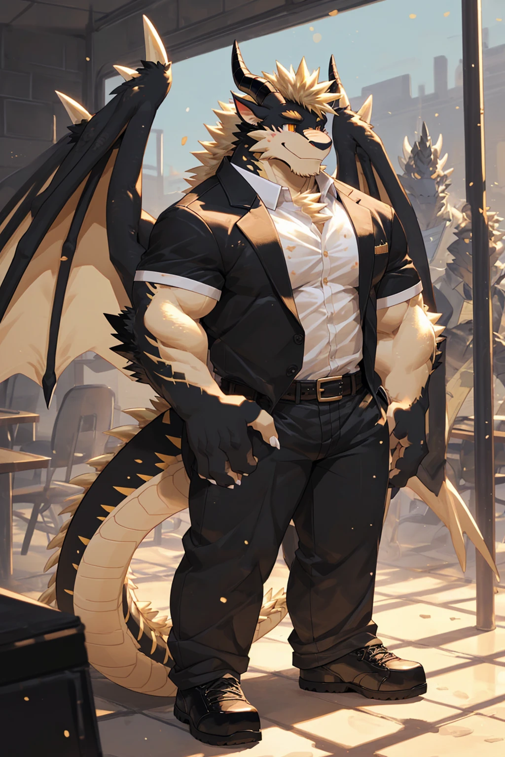 (sfw:1.5), male focus, security guard, Handsome 1boy, solitary,protrait photo, single, (Black eyebrows:1.4), (White nails, White Paws:1.4), (Light blond hair:1.5), (Black and gold dragon wings, Huge black and gold dragon wings:1.3), Black and gold skin, (Black and gold tail:1.4), (Black horn, Black curved corners:1.4), (Black body:1.4), (All black:1.4), (Pale blond chin, Pale golden neck:1.4), Pale golden chest, Light blond chest hair, (perfect golden eyes:1.4), (Black and gold scales:1.3), (Black Hands, Black Hands背, Black Hands指:1.4), (Black forehead, Black head:1.4),
Western Dragon, dragon, dragon boy, dragon body, feet, (big eyes, large eyes:1.4), (Chubby face, The body is huge, Larger face:1.3),
(Black short sleeve, White short-sleeved shirt, Black pants, Black short shoes, Black leather belt:1.4),
(full body:1.3), (Mature men:1.4), (Strong body, muscle,Strong male:1.3), (Thick arms:1.3), (Standing:1.4), (Looking at the audience, Focus, Eyes gaze:1.2), (Smile:1.4),
full background,ground, Blue sky, White Cloud, ground, School, School大门, security guard亭,
, Mysterious and romantic atmosphere, Caustic lines(refraction, polarization)Perfect anatomical structure, absurd, Detailed background, (Delicate eyes:1.3),Printing style。((artist:Takemoto Arashi))