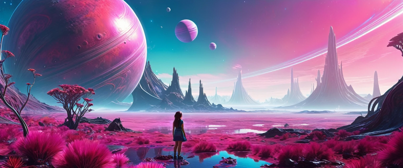 "A young girl with a sense of wonder explores an alien planet with vibrant chrome vegetation. The surreal landscape and flora create a stunning juxtaposition in a space-age paradise.