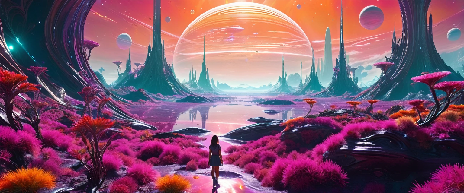 "A young girl with a sense of wonder explores an alien planet with vibrant chrome vegetation. The surreal landscape and flora create a stunning juxtaposition in a space-age paradise.