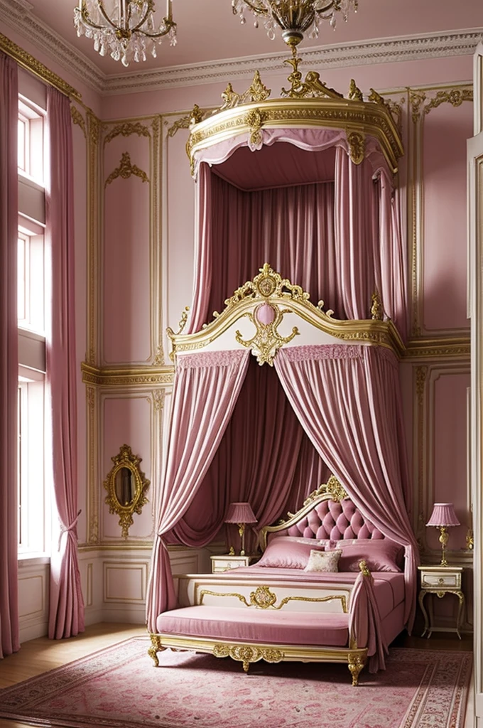 Rococo mansion-sized room , pink bed
