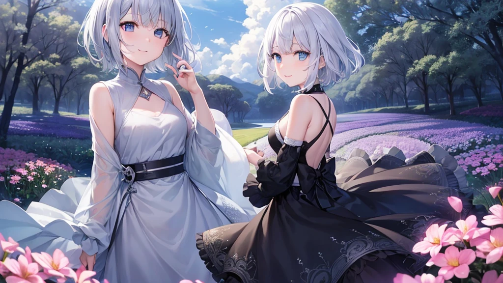 Ultra HD,Look at the viewers, Put your hands behind your back, With a girl, 20-year-old, 非常にShort Hair, Long bangs between the eyes, Pale blue eyes,  Very detailed,(masterpiece、Highest quality),Gray Hair、Laughter、Fantastic, Silver Hair, Iris,  Short hair、 Fluttering Hair、Small Face、明るいsmile、(Detailed face) ,Professional Lighting,Wonderful landscape,blue sky, sunlight,Looking down from above,Portraiture、Open your mouth、Flower Field、Her eyes were shining、Mysterious and enchanting atmosphere。With AI Painting、とてもShort Hair, Long bangs between the eyes, Very detailed,(masterpiece、Highest quality)、alone、Gray Hair、Fantasy, Silver Hair, Fantasyな風景、White shirt、smile、Open your mouth、short hair、Short Hair、hairpin、black eye、Grey Eyes、Beautiful Eyes、