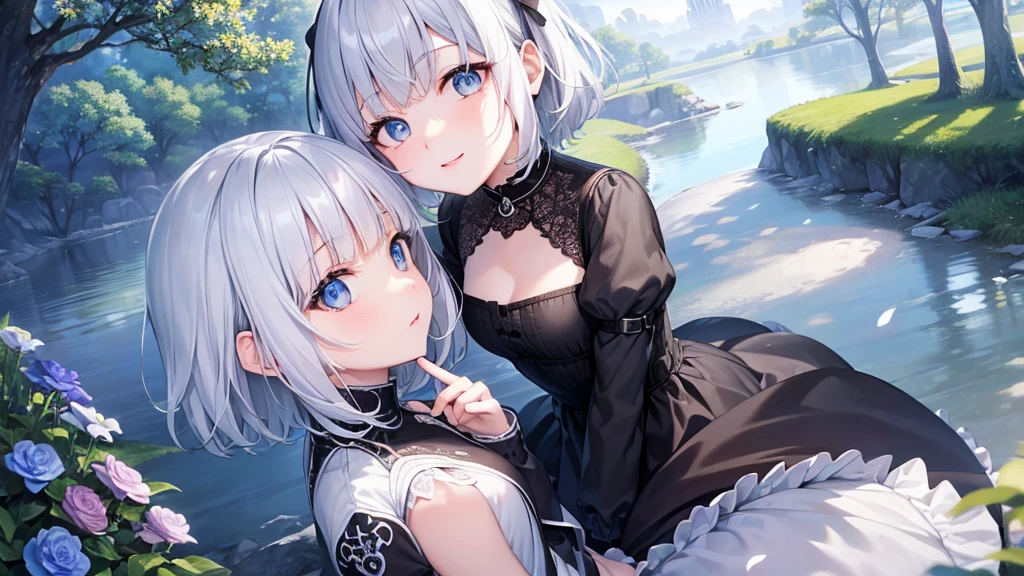 Ultra HD,Look at the viewers, One girl, 20-year-old, 非常にShort Hair, Long bangs between the eyes, Pale blue eyes, Very detailed,(masterpiece、Highest quality),Gray Hair、Laughter、Fantastic, Silver Hair, Iris, Short hair、 Fluttering Hair、Small Face、明るいsmile、(Detailed face) ,Professional Lighting,Wonderful landscape,blue sky, sunlight,Looking down from above,Portraiture、Open your mouth、Flower Field、Her eyes were shining、Mysterious and enchanting atmosphere。With AI Painting、とてもShort Hair, Long bangs between the eyes, Very detailed,(masterpiece、Highest quality)、alone、Gray Hair、Fantasy, Silver Hair, Fantasyな風景、smile、Open your mouth、short hair、Short Hair、hairpin、black eye、Grey Eyes、Beautiful Eyes、White shirt、Jacket、I can see the neck、The clavicle is visible