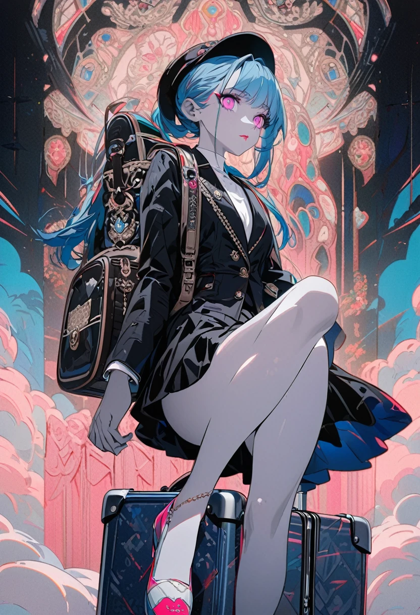 High resolution RAW color art, animation, Silver Marble Skin, (((Highly detailed elegant))), Magical atmosphere, Detailed skin, texture,(Exquisitely crafted, The finer details, Ultra-detailed art), Depth of written boundary, Silky Touch, Hyper Detail, Matte Drawing, Cobalt blue eyes, Elegant face, Pink Eyes,Red eyeshadow,dior pink lips,Neon color,suitcase,Carry a backpack,The day of departure,Black jacket,White T-shirt,Short skirt,Wearing a cap,airport,airport８