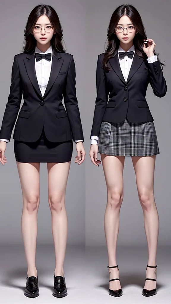 Full body composition, one woman, 30 years old, wearing glasses, beautiful woman, pretty face, cute face, suit, skirt