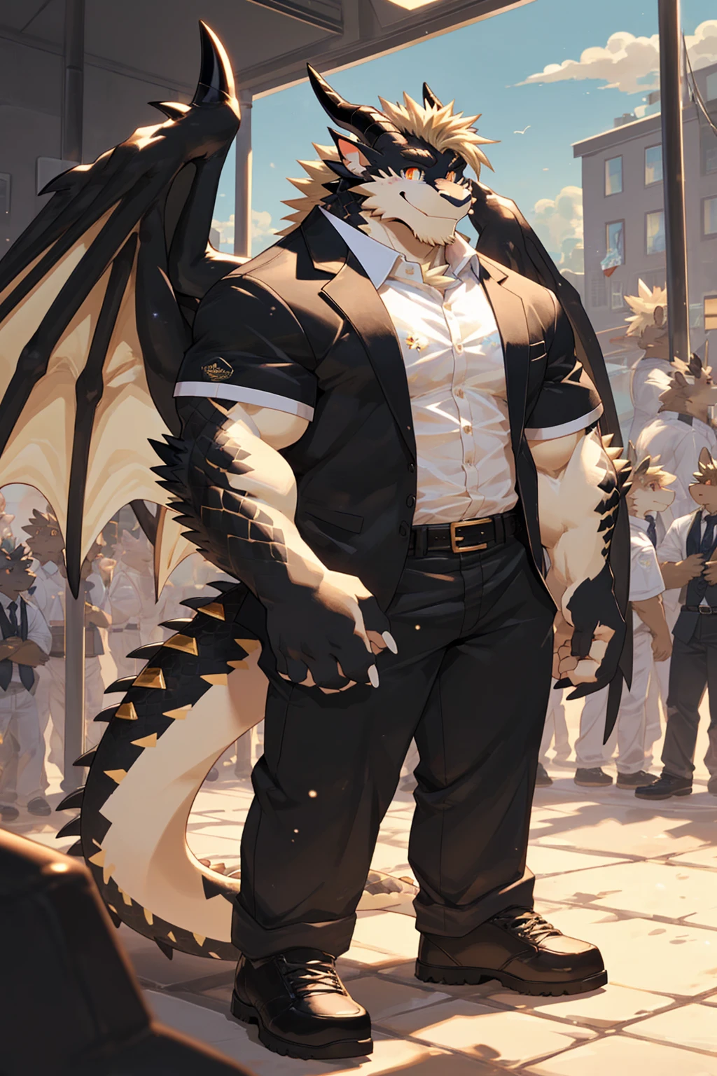 (sfw:1.5), male focus, security guard, Handsome 1boy, solitary，protrait photo, single, (Black eyebrows:1.2), (White nails, White Paws:1.4), (Light blond hair:1.5), (Black and gold dragon wings, Huge black and gold dragon wings:1.3), Black skin, (Black and gold tail:1.4), (Black horn, Black curved corners:1.4), (Black body:1.4), (All black:1.4), (Pale blond chin, Pale golden neck:1.4), Pale golden chest, Light blond chest hair, (perfect golden eyes:1.4), (Black scales:1.3), (Black Hands, Black Hands臂, Black Hands指:1.4), (Black forehead:1.4), 
Western Dragon, dragon, dragon boy, dragon body, feet, (big eyes, large eyes:1.4), (Chubby face, The body is huge, Larger face:1.3), 
(Black short sleeve, White short-sleeved shirt, Black pants, Black short shoes, Black leather belt:1.4), 
(full body:1.3), (Mature men:1.4), (Strong body, muscle,Strong male:1.3), (Thick arms:1.3), (Standing:1.4), (Looking at the audience, Focus, Eyes gaze:1.2), (Smile:1.4), 
full background,ground, Blue sky, White Cloud, ground, School, School大门, security guard亭,
, Mysterious and romantic atmosphere, Caustic lines(refraction, polarization)Perfect anatomical structure, absurd, Detailed background, (Delicate eyes:1.3),Printing style。((artist:Takemoto Arashi))