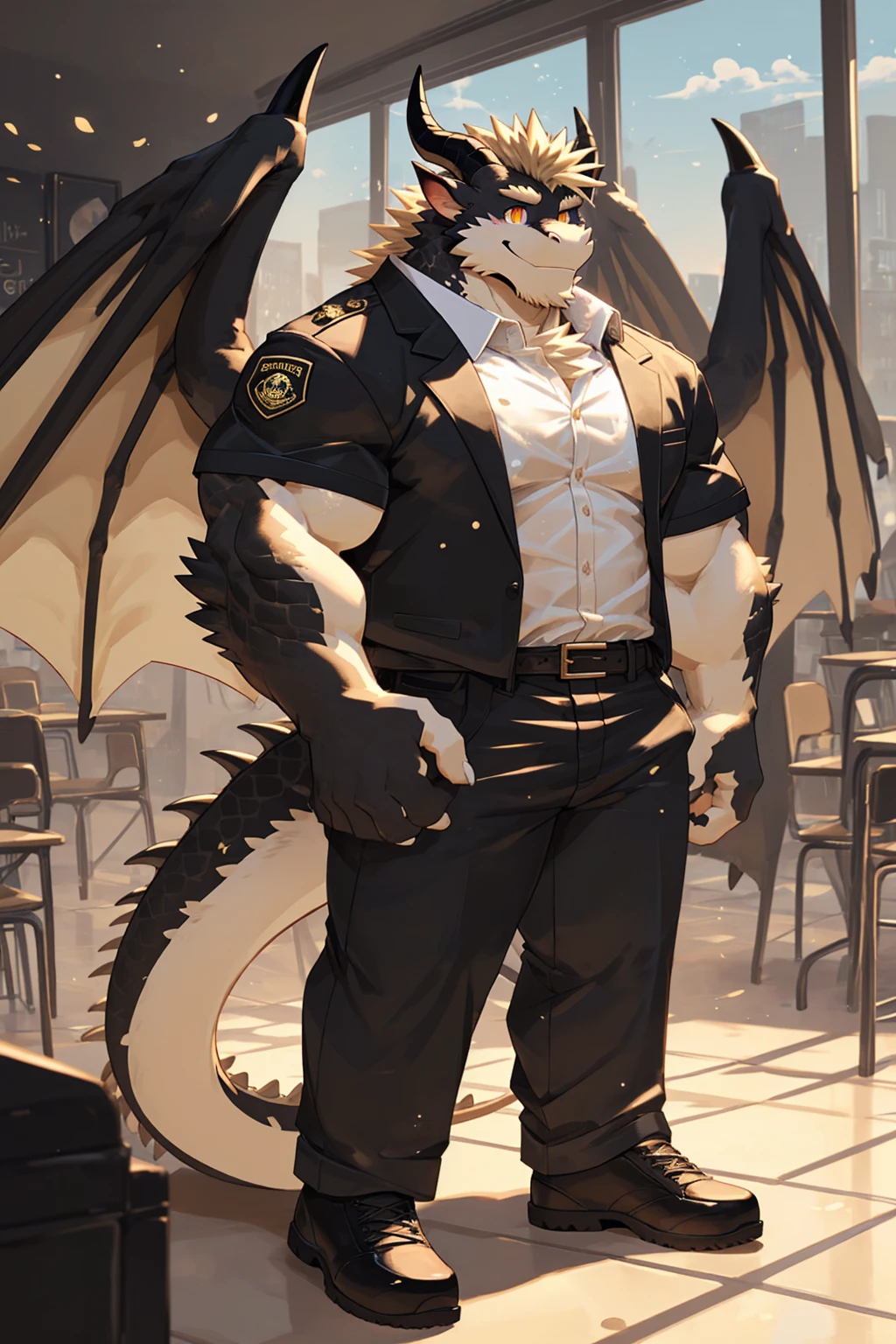 (sfw:1.5), male focus, security guard, Handsome 1boy, solitary，protrait photo, single, (Black eyebrows:1.2), (White nails, White Paws:1.4), (Light blond hair:1.5), (Black and gold dragon wings, Huge black and gold dragon wings:1.3), Black skin, (Black and gold tail:1.4), (Black horn, Black curved corners:1.4), (Black body:1.4), (All black:1.4), (Pale blond chin, Pale golden neck:1.4), Pale golden chest, Light blond chest hair, (perfect golden eyes:1.4), (Black scales:1.3), (Black Hands, Black Hands臂, Black Hands指:1.4), (Black forehead:1.4), 
Western Dragon, dragon, dragon boy, dragon body, feet, (big eyes, large eyes:1.4), (Chubby face, The body is huge, Larger face:1.3), 
(Black short sleeve, White short-sleeved shirt, Black pants, Black short shoes, Black leather belt:1.4), 
(full body:1.3), (Mature men:1.4), (Strong body, muscle,Strong male:1.3), (Thick arms:1.3), (Standing:1.4), (Looking at the audience, Focus, Eyes gaze:1.2), (Smile:1.4), 
full background,ground, Blue sky, White Cloud, ground, School, School大门, security guard亭,
, Mysterious and romantic atmosphere, Caustic lines(refraction, polarization)Perfect anatomical structure, absurd, Detailed background, (Delicate eyes:1.3),Printing style。((artist:Takemoto Arashi))