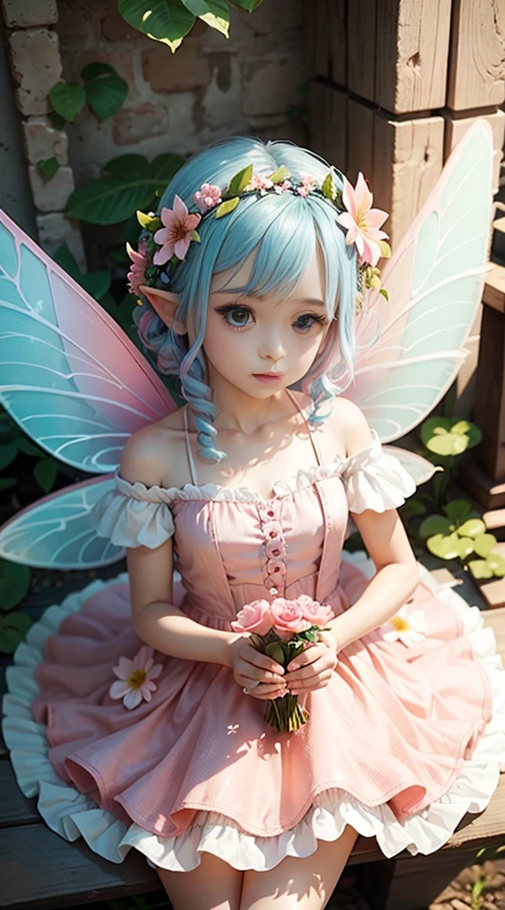 cute little fairy pink wings fairy wings pink hair pointy ears flower crown flower dress lots of flowers leaves
