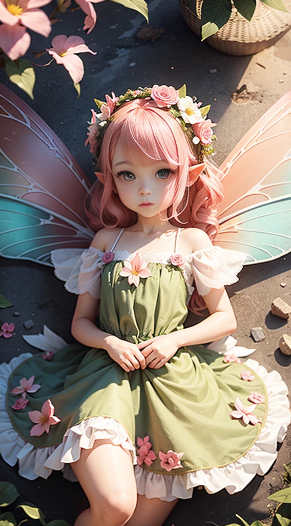 cute little fairy pink wings fairy wings pink hair pointy ears flower crown flower dress lots of flowers leaves