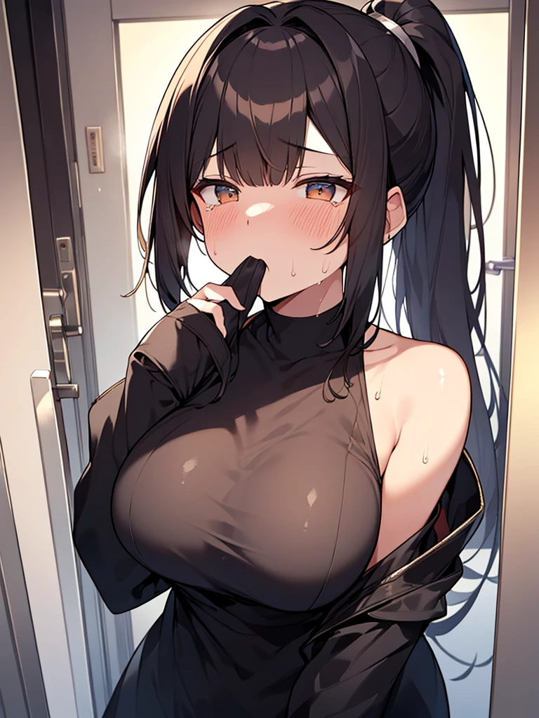 NSFW Close-up on facial expression Fully nude:1.3 1 female 1 male、Blowjob:1.3. Open your mouth wide and take the penis in your mouth:1.3. Excitement, sweating, flushing), (Night, dark room, apartment room, lying on a white bed, troubled face, crying face)、 No sleeve、(Black hair, medium length, ponytail, straight hair, bangs swept to the side:1.9 Slanted eyes Brown eyes Tall Big breasts Strong Beautiful Cute) 、 Sex with a skinny muscular guy