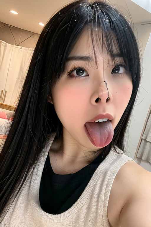 Tabletop,,Awards - Winning Photos, Very detailed, Face close-up、Keep your eyes focused, Nose and mouth,Face Focus, Woman with open mouth and closed eyes, Face Focusの接写、Age 35,Black-haired、Symmetrical face,Realistic nostrils、Angle from below、Elongated C-shaped nostrils、Sweaty skin、Skin shiny with sweatを強調する照明、((Sharp Nose))Skin shiny with sweat、Shiny skin、Big eyes、double eyelid、(My tongue is wet and shiny) ((Wet tongue)) ((Berokisu))garden,In front of the mimosa flowers,Bandage on right hand