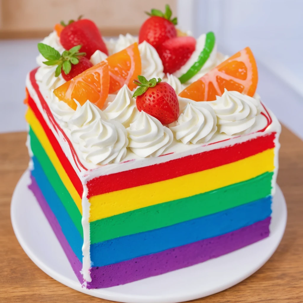 on a wooden table, on a porcelain plate, a tiny cream rainbow cake, with cream lines drawn on its edges, white cream swirls, tiny strawberries, oranges and watermelon slices made of polymer clay on the cake, window light, bright lights, soft light, window light, professional lighting, light from the window, neat light, realistic texture, realistic style, detailed texture, high quality, high resolution, high quality rendering, realistic photo, brightning light, macro photo