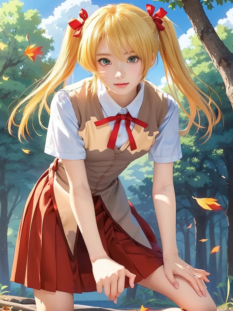 anime girl in a  kneeling down in the woods, blonde anime girl with long hair, anime moe artstyle, anime style like fate/stay night, anime visual of a cute girl, beautiful anime high school girl, smooth anime cg art, young anime girl, high quality anime artstyle, official art,  in dress, cushart krenz