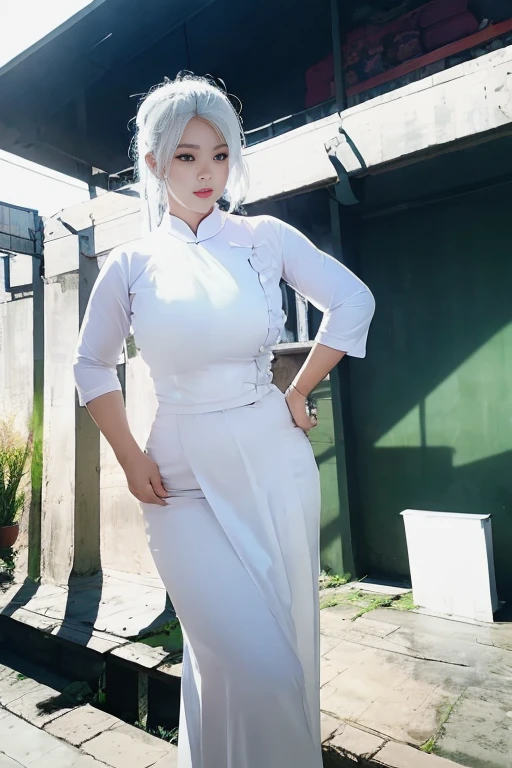 realisticlying, A high resolution, 1 rapariga, White color hair, korean people, eBlue eyes, The transparent cheongsam is flying,Sheer tight-fitting garments,Beads of sweat dripped down the buttocks,Large chest,Wide buttock, your ass,Butt visible,Visible on the back,buttocks visible,Ass pouted,wide wide shot,Cinema lenses,The skin glows,space ship,