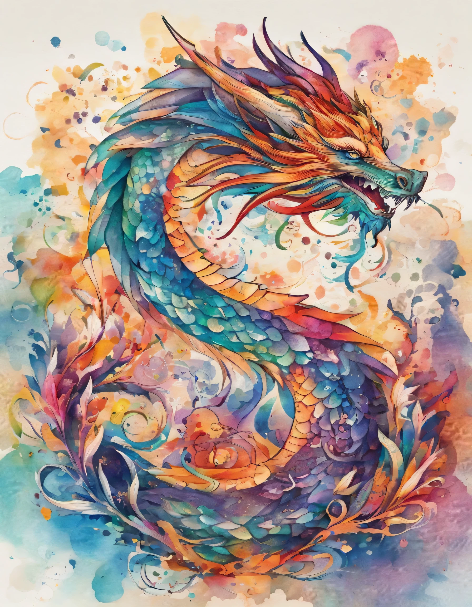 The world of waterFarbes、The dragon&#39;s graceful posture shows its brilliance.、Its body is curvaceous and smooth。、
その龍は虹Farbeのデザインで華やか。
Every drawn line exudes vitality、Abstract Faucet、Artistic dragon body lines、Soft texture of waterFarbe painting。Farbeの表現により、The whole painting is full of movement.，（（Fractal Art）），（（du、Highest quality、Very detailed、Ultra-high resolution，Detailed Background）），（（（Abstract background）））、（（Farbe）），Flowers Bloom、Every drop of ink mixes with the pigmen、A clash and release of the artist&#39;s soul occurs.。